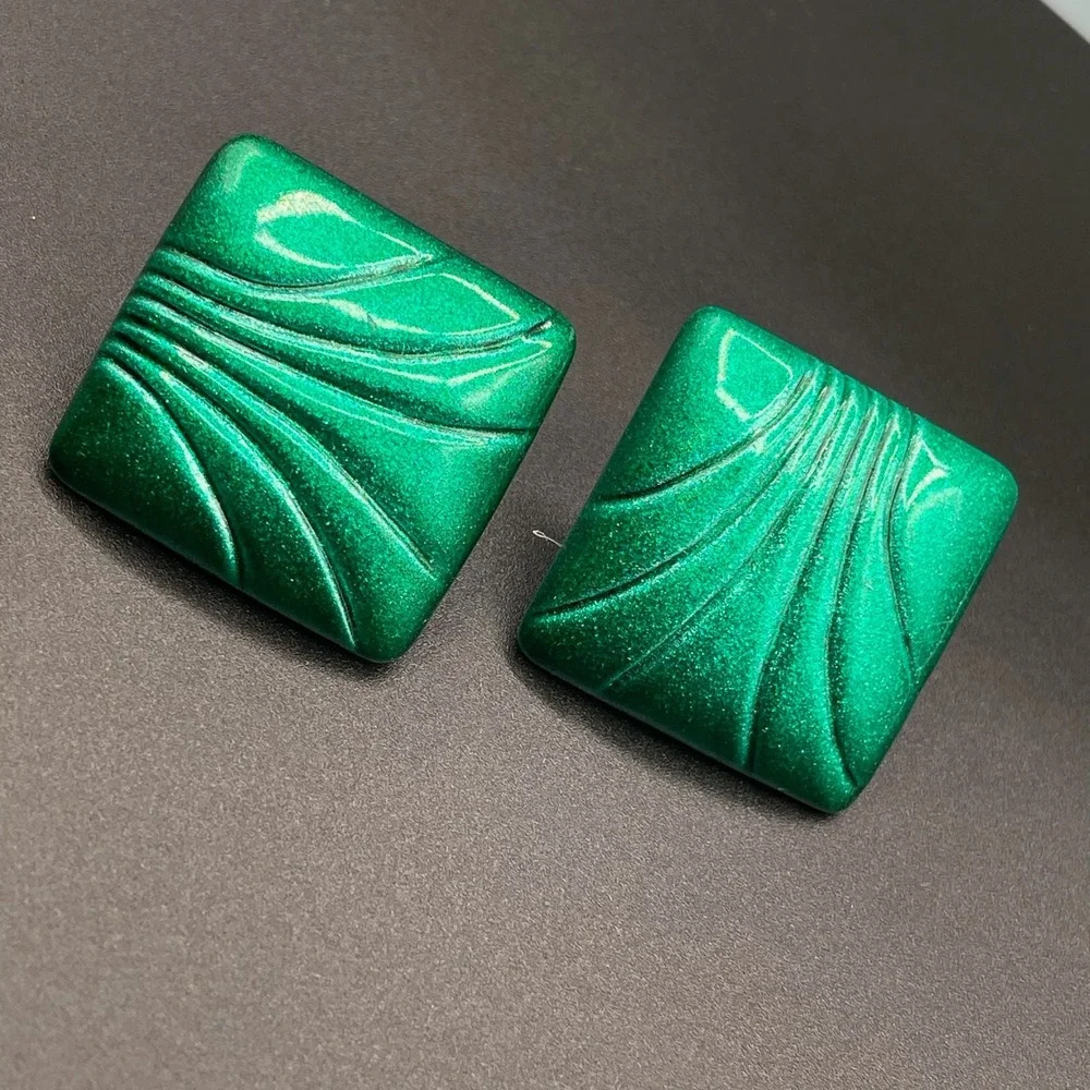 VTG Metallic Green Square Statement Abstract Swirl Clip-On Earrings Boho Retro‎